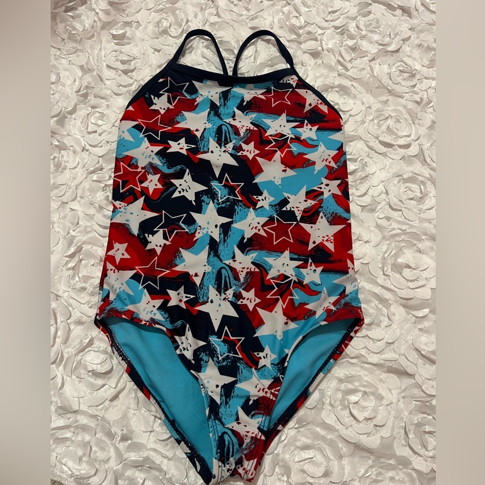 Girls small 6X red white blue stars swim suit
